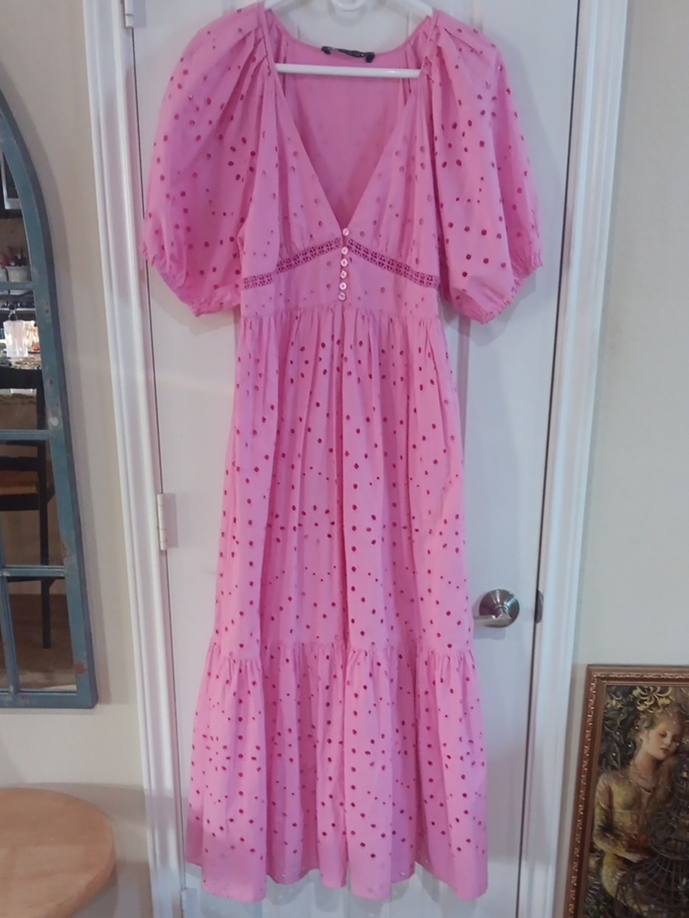 ZARA Bubblegum Pink Cutwork Eyelet Broderie Anglaise Tiered Maxi Dress S